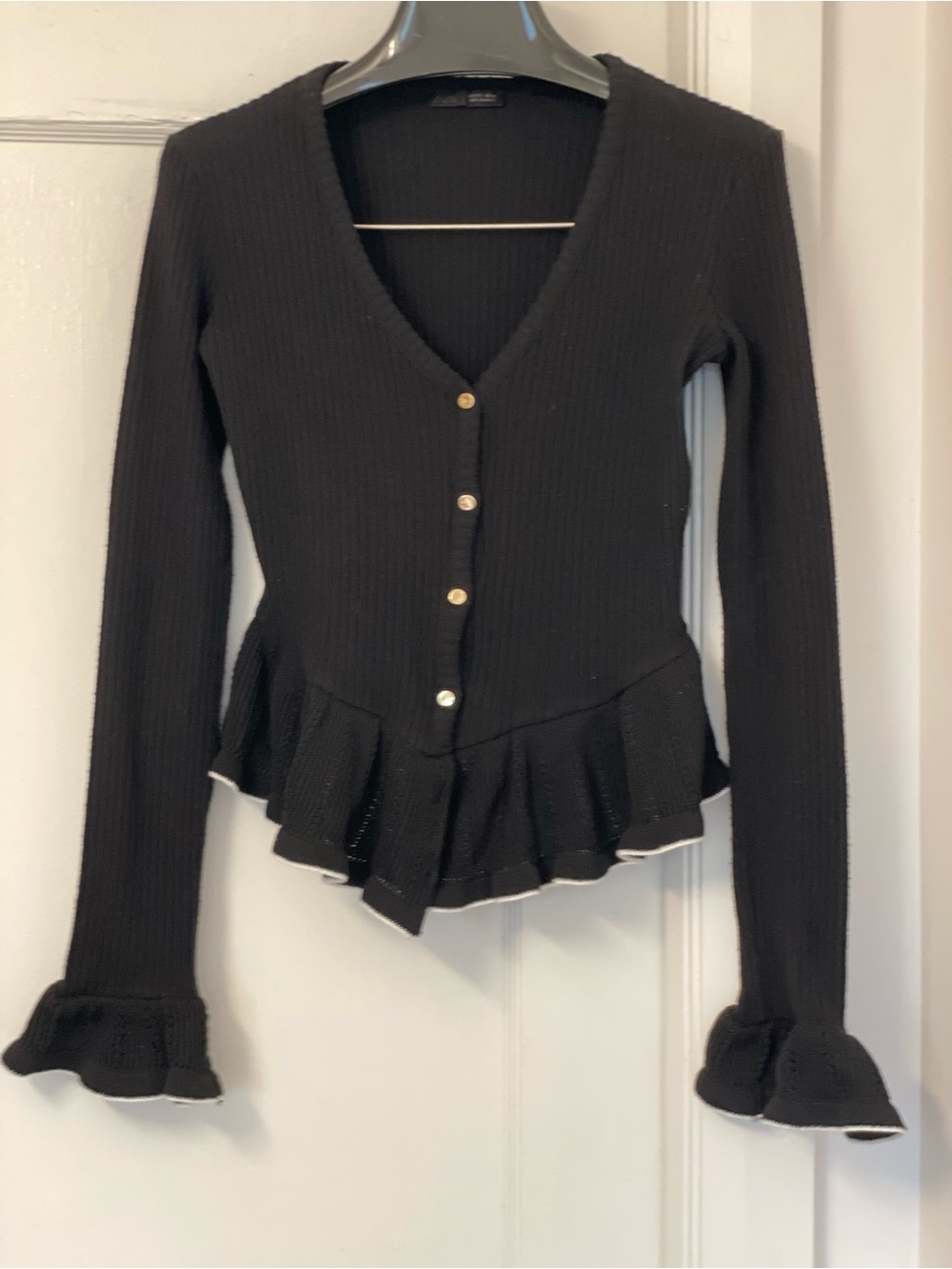 Zara Black Ribbed Button-Front Ruffle-Hem Top - Picture 1 of 4